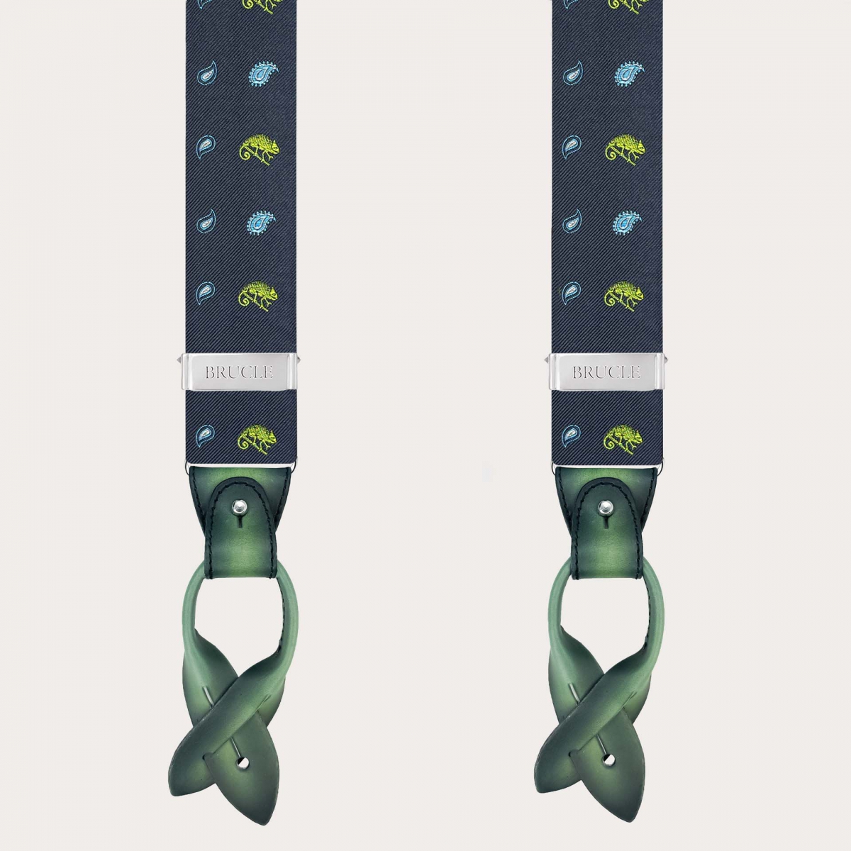 Bretelles homme en soie bleue à motif caméléons verts