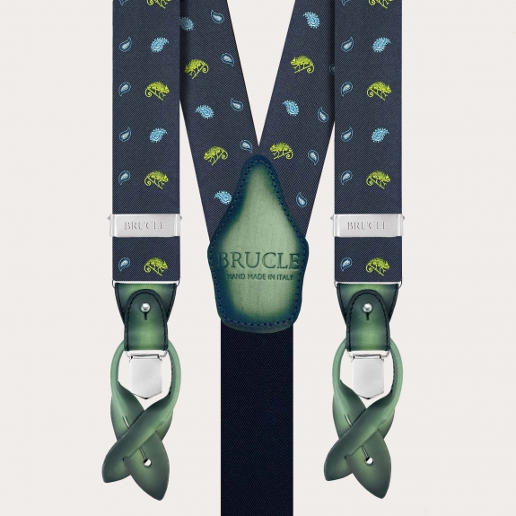 Men’s blue silk suspenders with green chameleon pattern