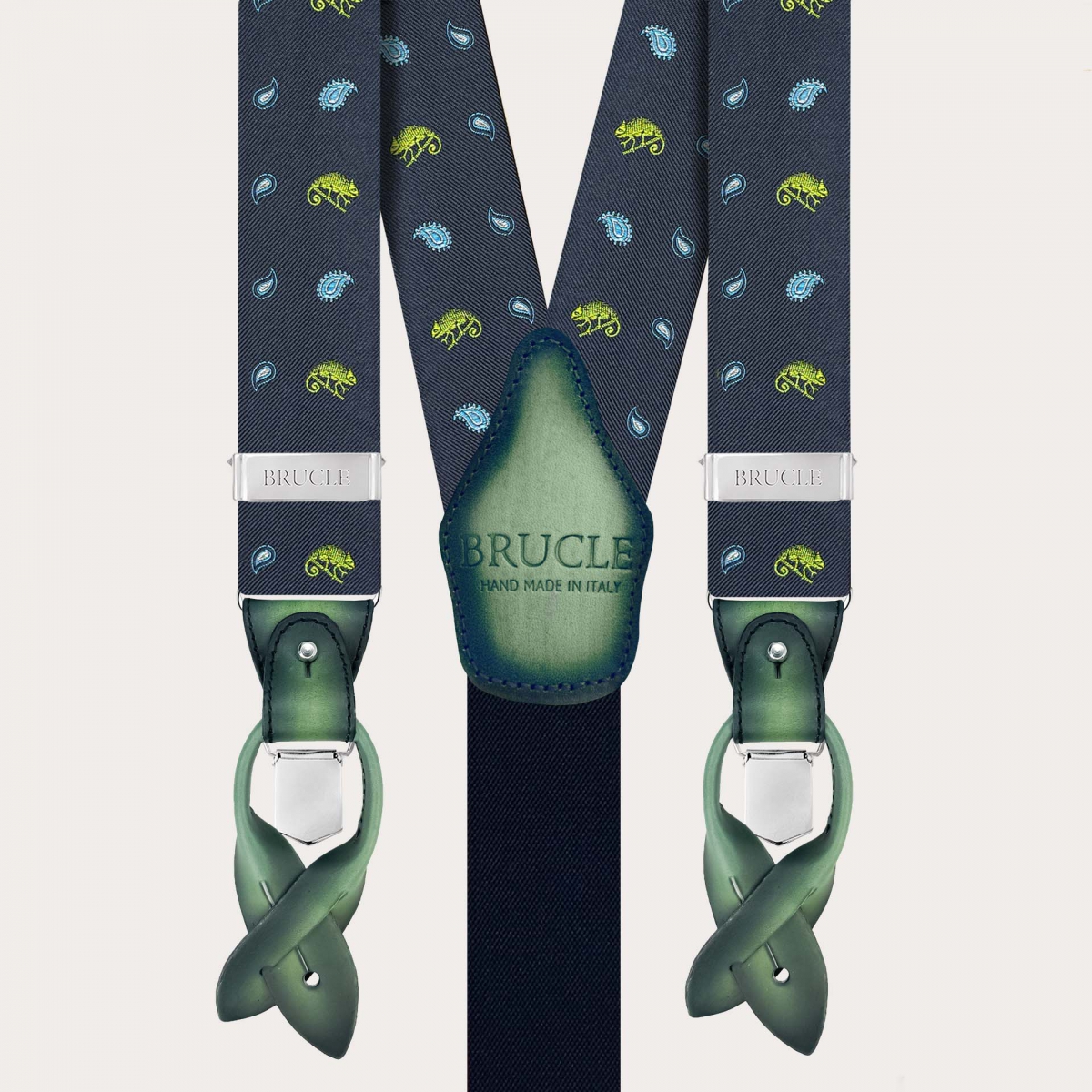 Men’s blue silk suspenders with green chameleon pattern