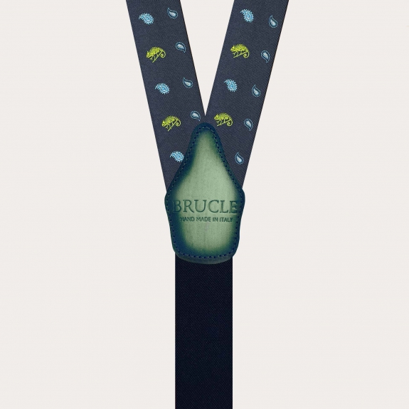 Men’s blue silk suspenders with green chameleon pattern