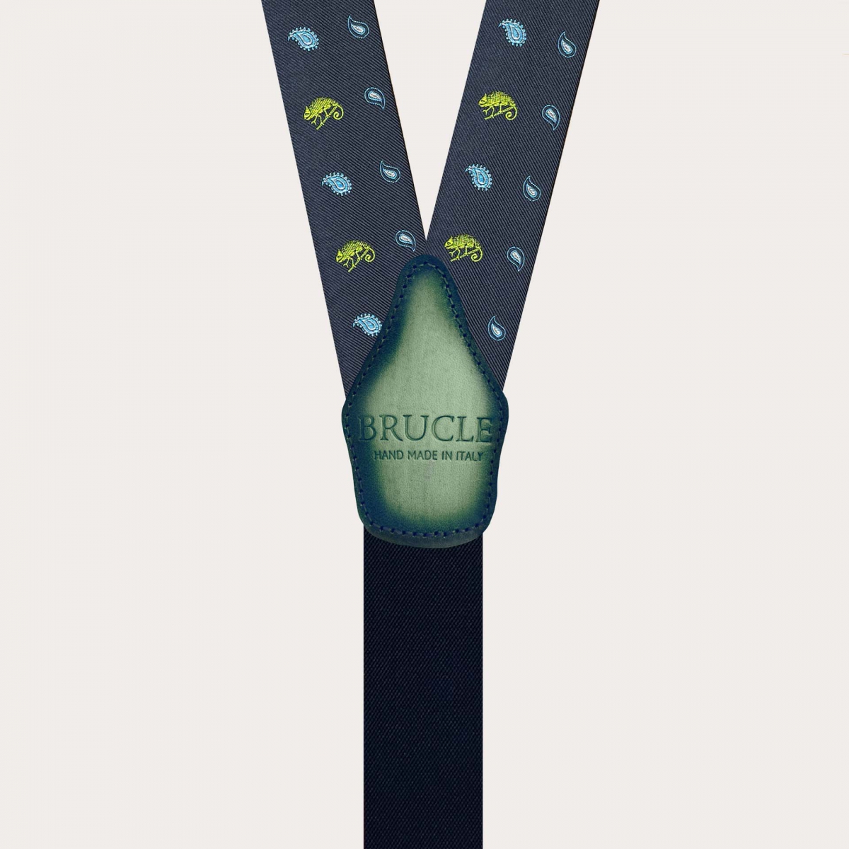 Men’s blue silk suspenders with green chameleon pattern