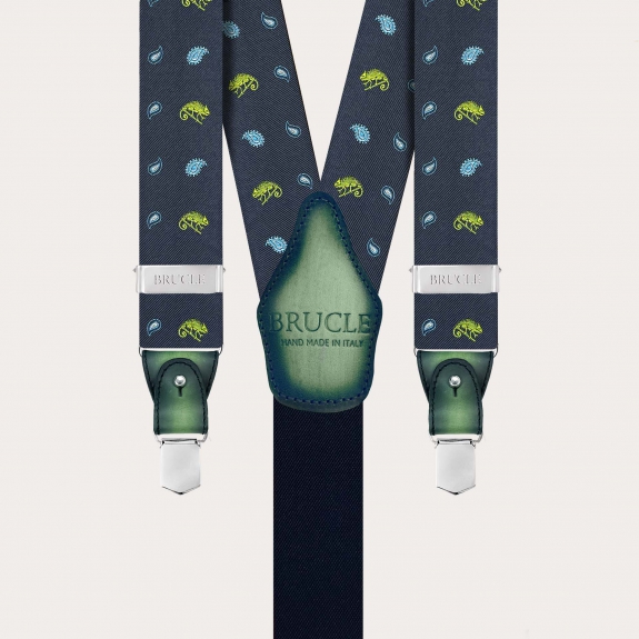 Men’s blue silk suspenders with green chameleon pattern