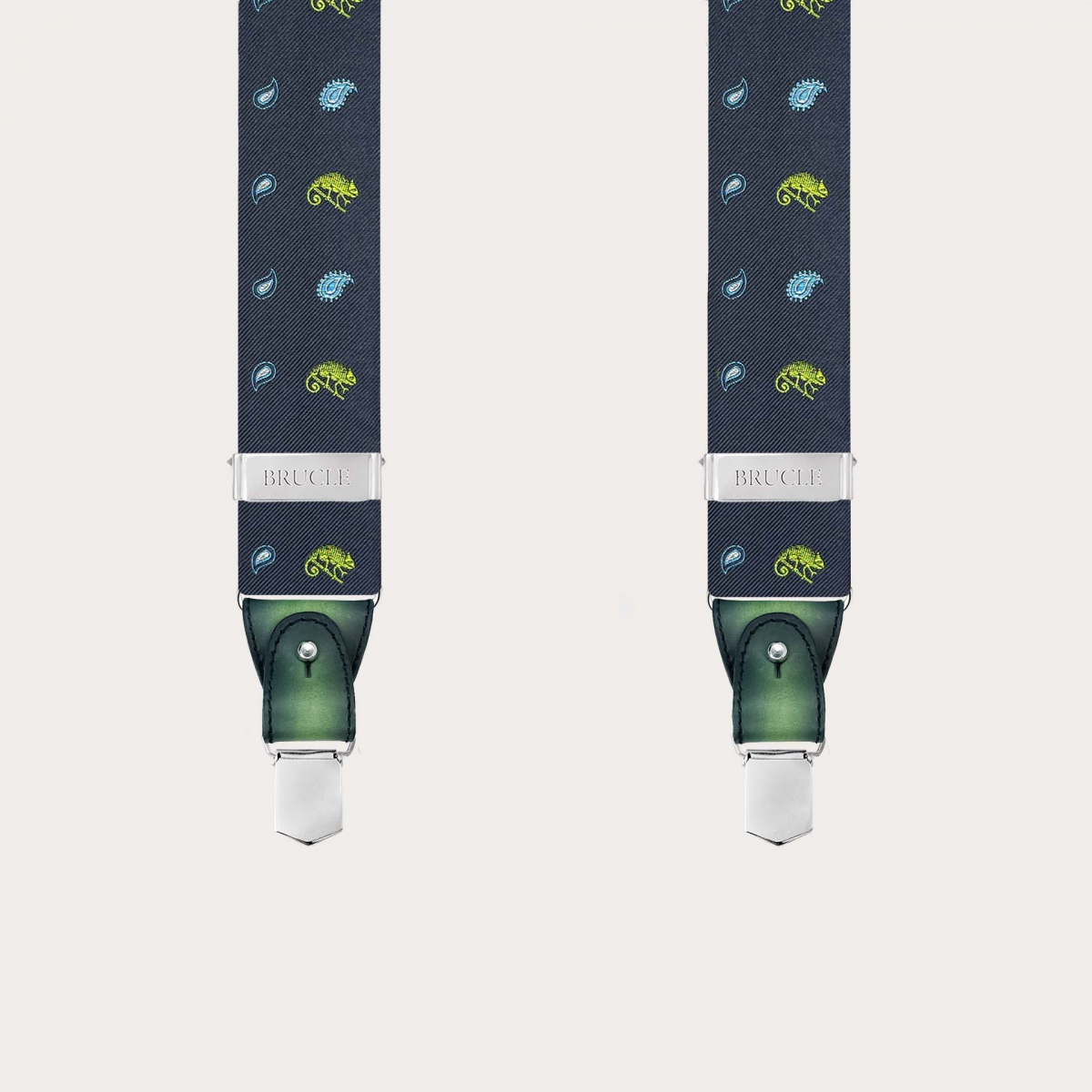 Men’s blue silk suspenders with green chameleon pattern