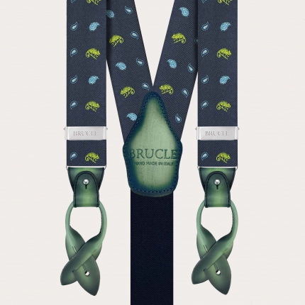 Bretelles homme en soie bleue à motif caméléons verts