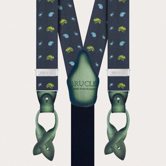 Bretelles homme en soie bleue à motif caméléons verts
