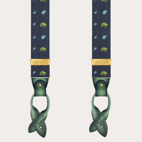 Men’s silk suspenders with green chameleon pattern and gold-tone metal parts