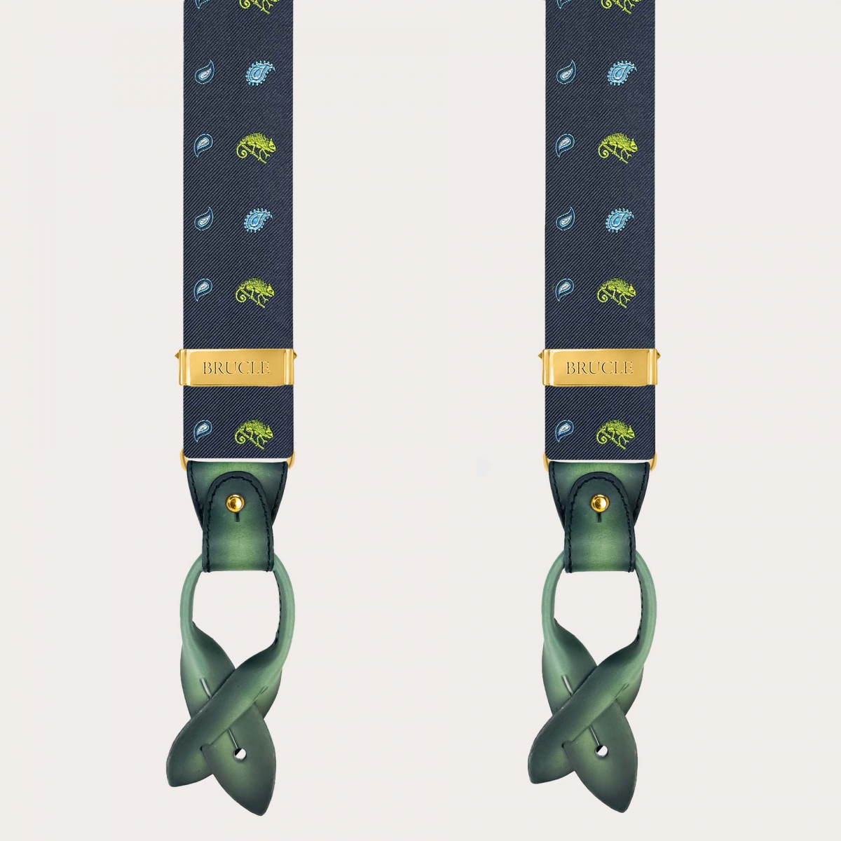 Men’s silk suspenders with green chameleon pattern and gold-tone metal parts