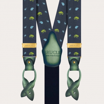 Men’s silk suspenders with green chameleon pattern and gold-tone metal parts
