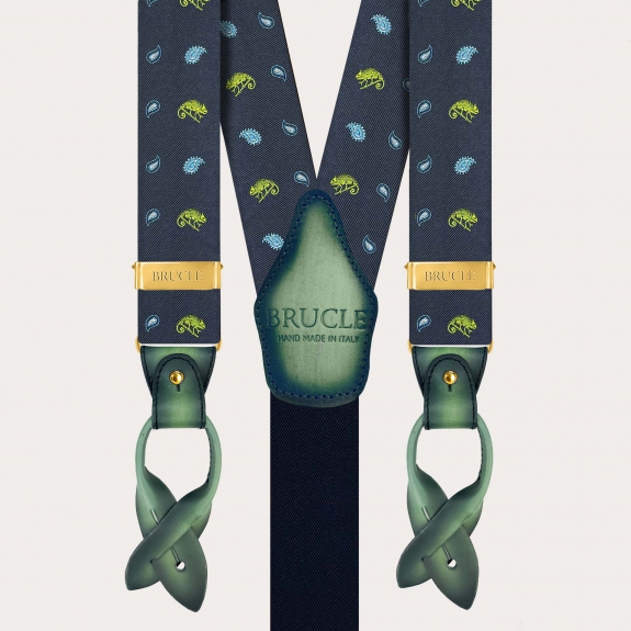 Bretelles homme en soie avec motif caméléons verts et finitions métalliques dorées