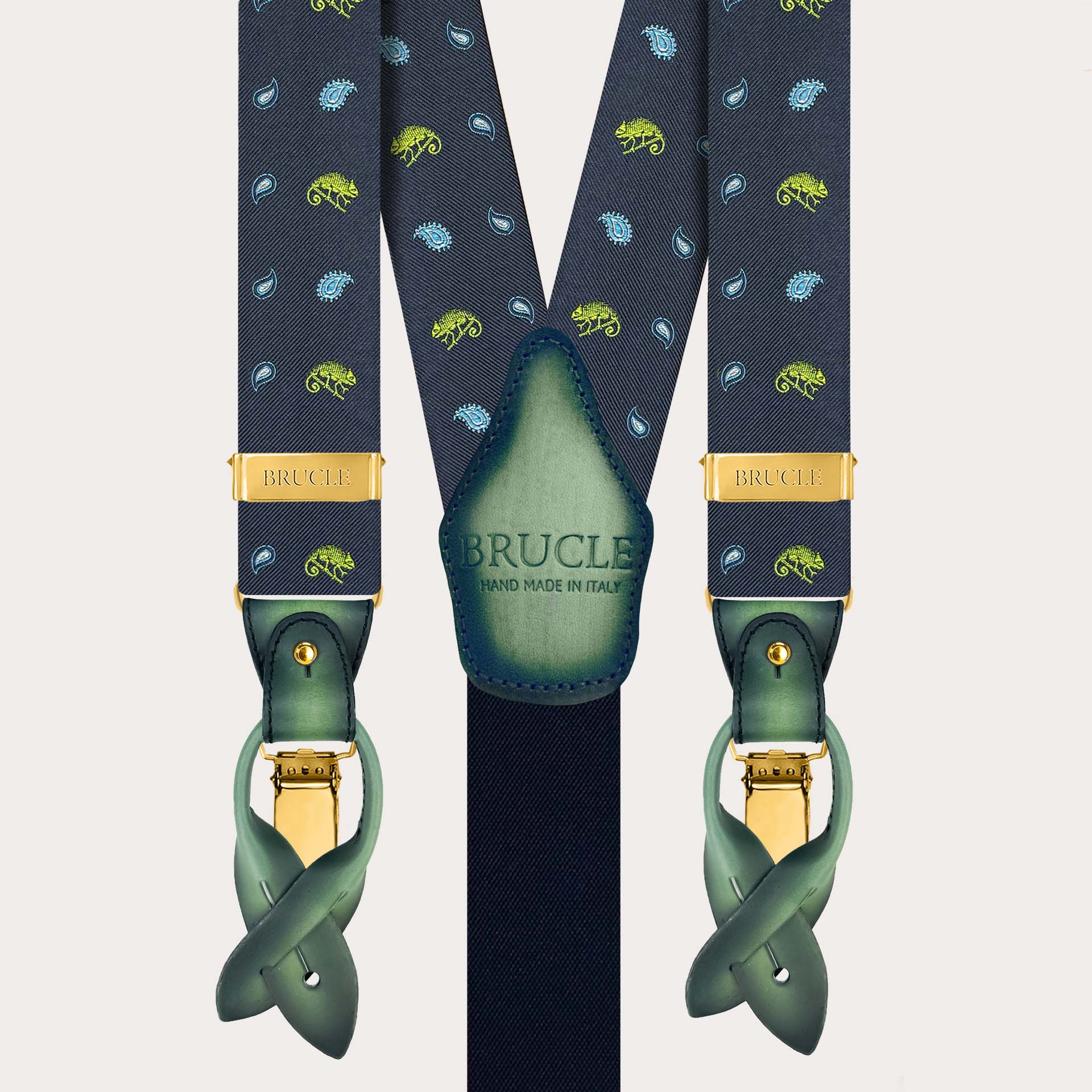 Men’s silk suspenders with green chameleon pattern and gold-tone metal parts