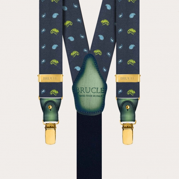 Men’s silk suspenders with green chameleon pattern and gold-tone metal parts