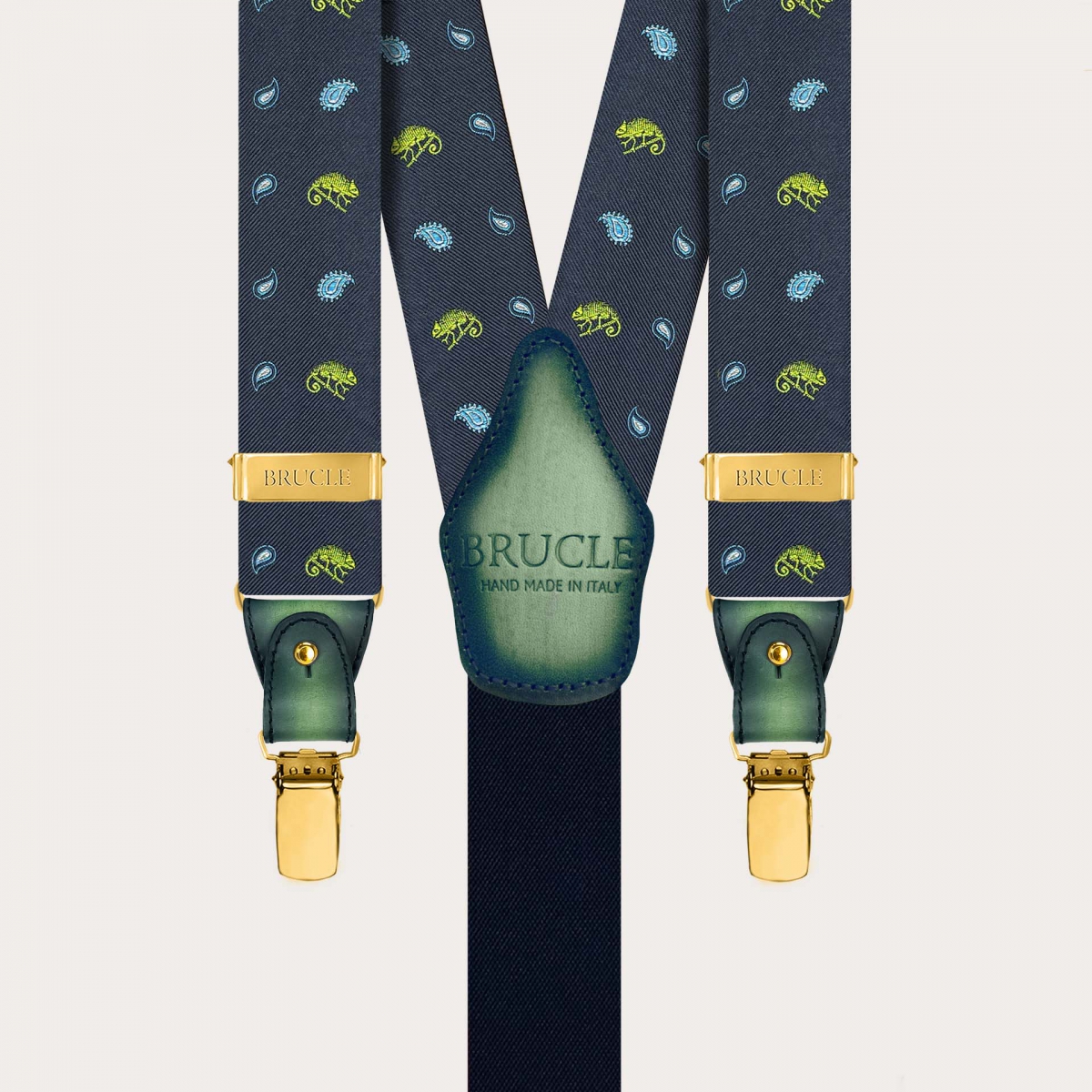 Men’s silk suspenders with green chameleon pattern and gold-tone metal parts