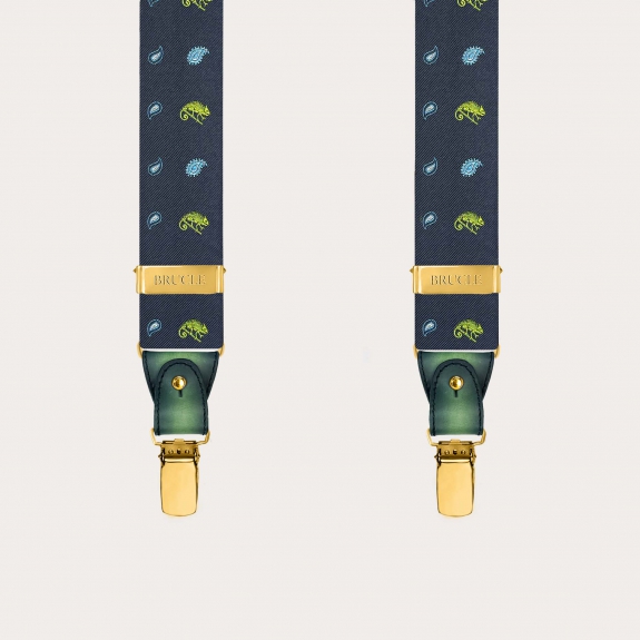 Bretelles homme en soie avec motif caméléons verts et finitions métalliques dorées