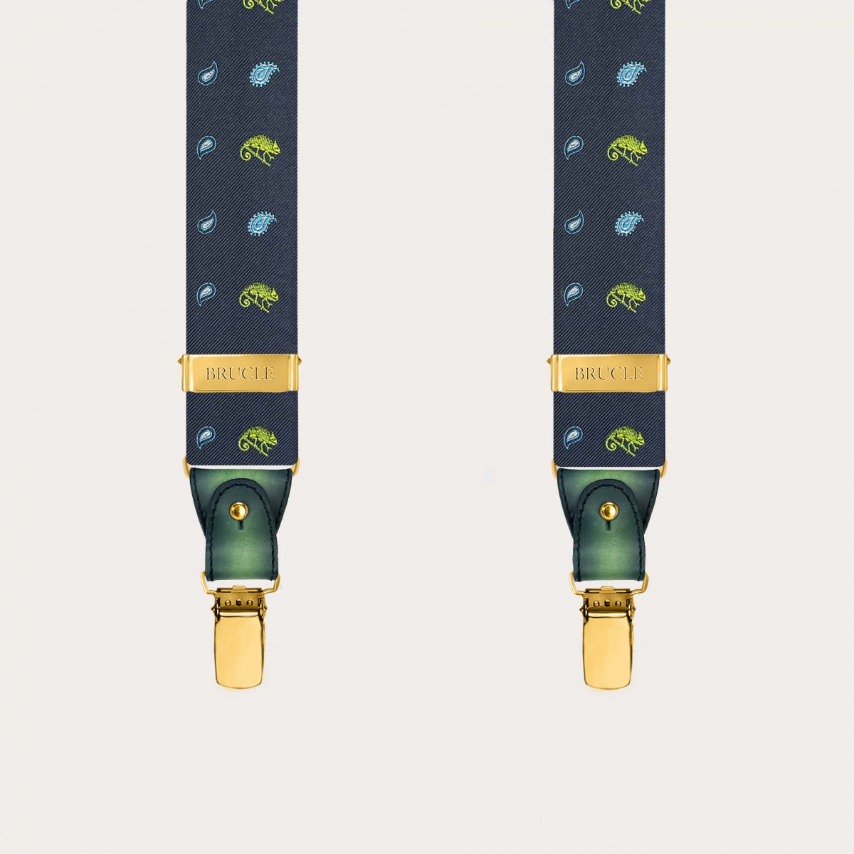 Bretelles homme en soie avec motif caméléons verts et finitions métalliques dorées