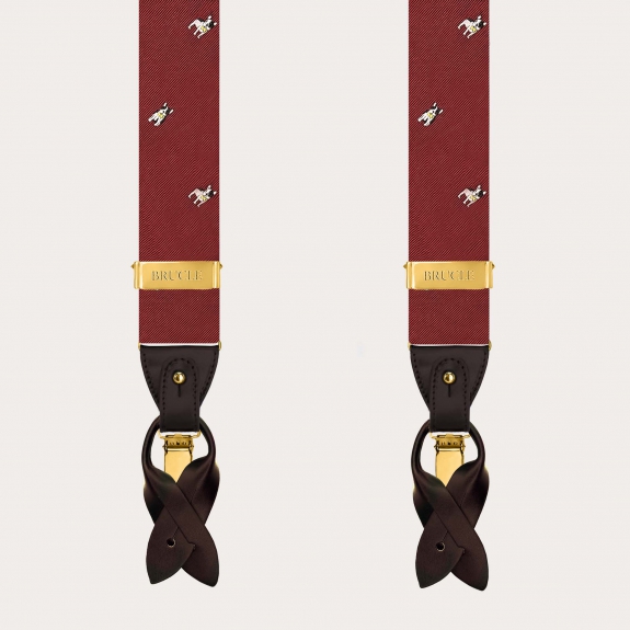 Burgundy silk suspenders with French bulldogs, dual use with gold clips
