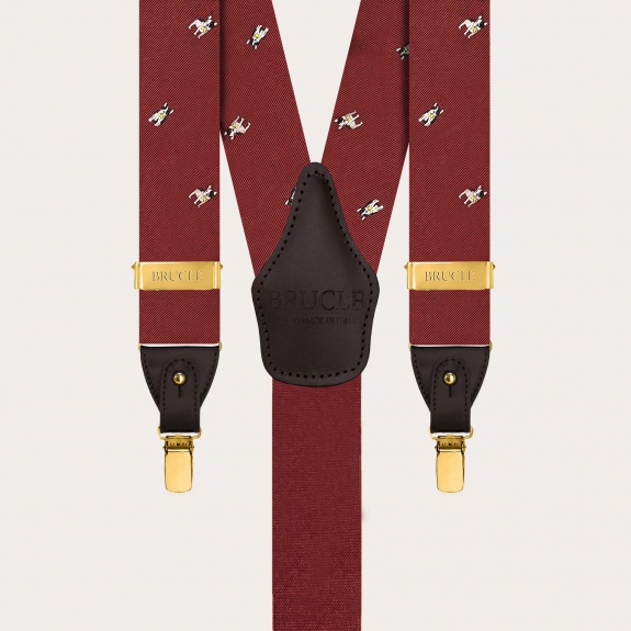 Burgundy silk suspenders with French bulldogs, dual use with gold clips