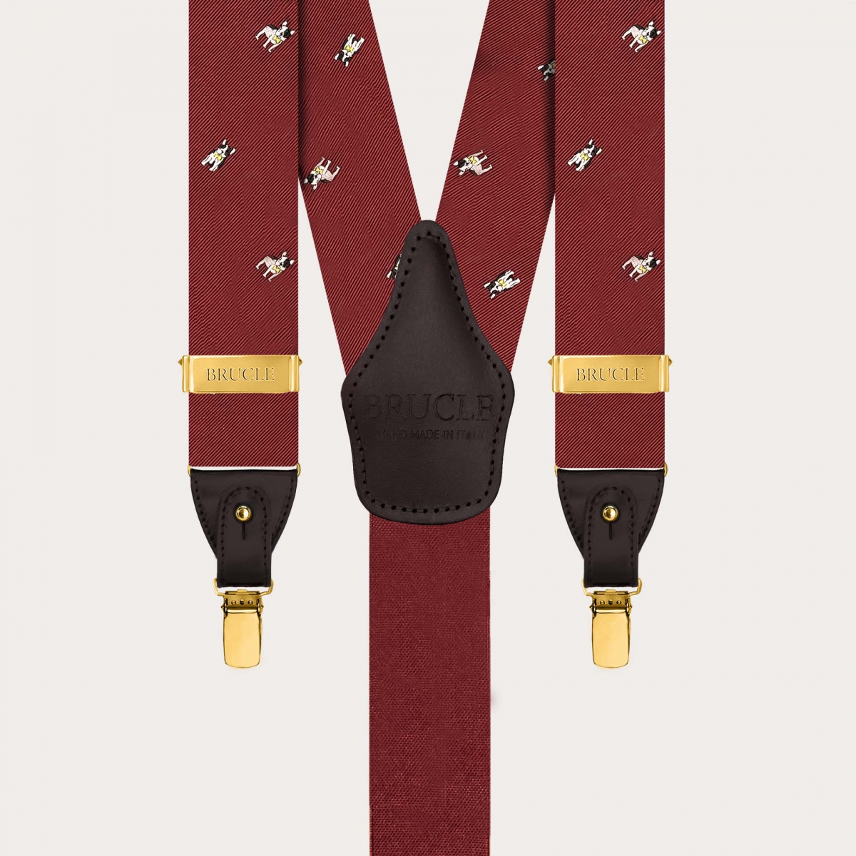 Burgundy silk suspenders with French bulldogs, dual use with gold clips