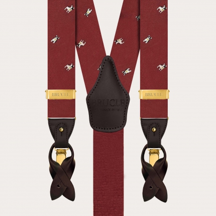 Burgundy silk suspenders with French bulldogs, dual use with gold clips