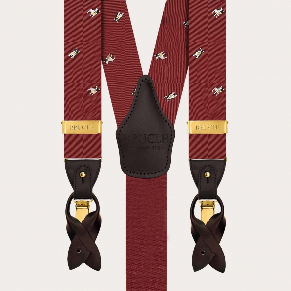 Burgundy silk suspenders with French bulldogs, dual use with gold clips