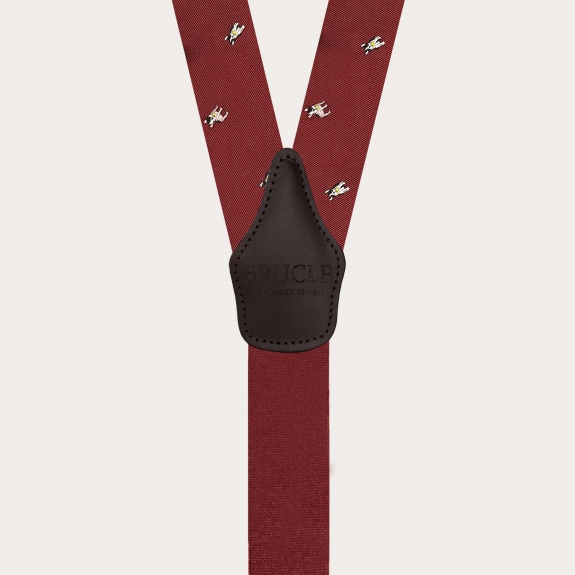 Bretelle bordeaux con clip oro in seta doppio uso con bulldog francesi