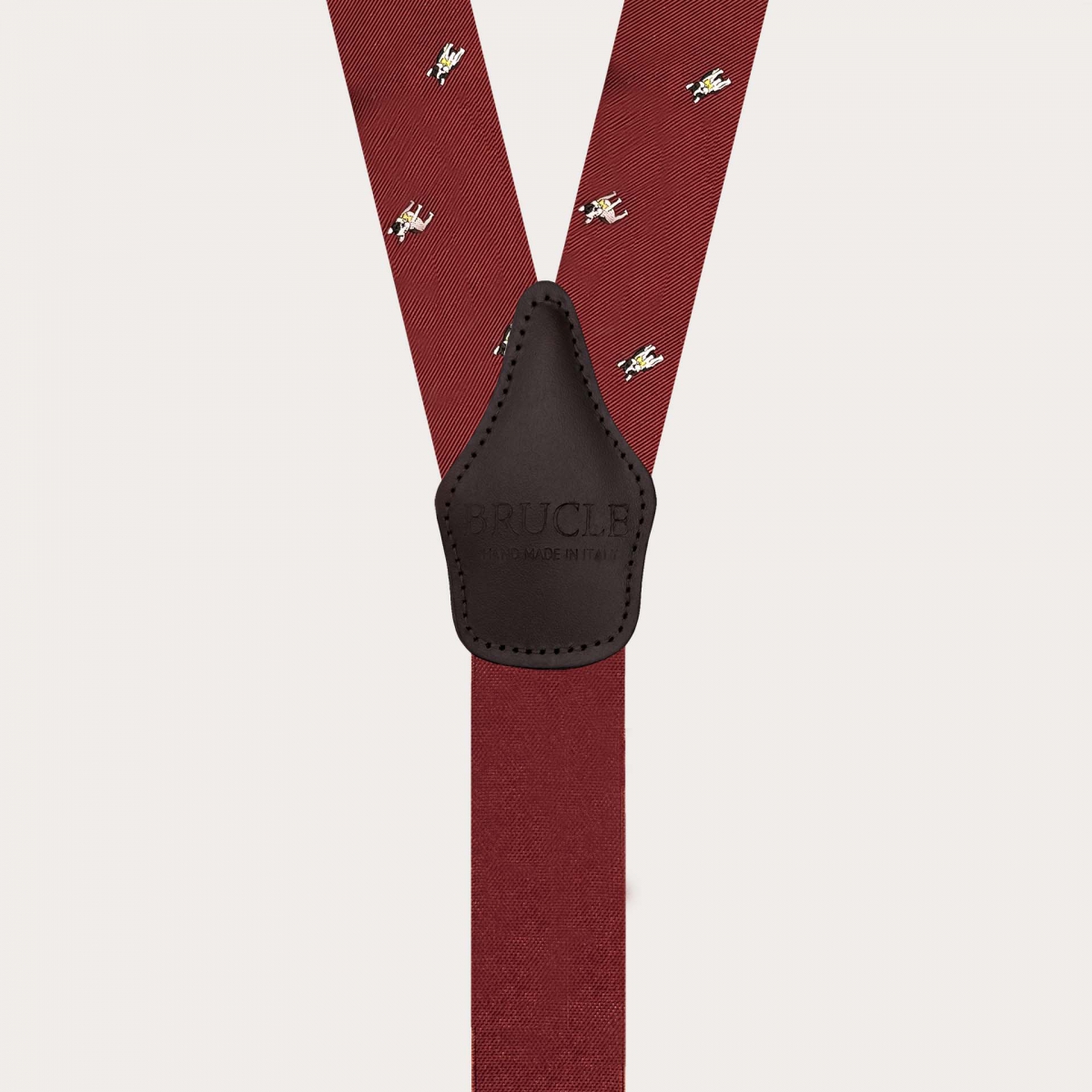 Burgundy silk suspenders with French bulldogs, dual use with gold clips