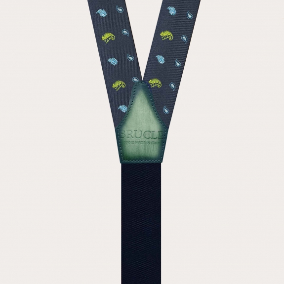 Blue silk button suspenders with green chameleon pattern