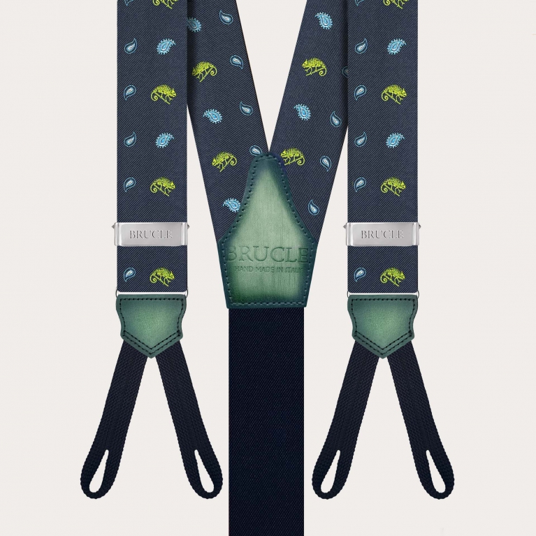 Blue silk button suspenders with green chameleon pattern