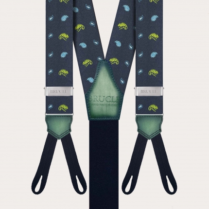 Blue silk button suspenders with green chameleon pattern