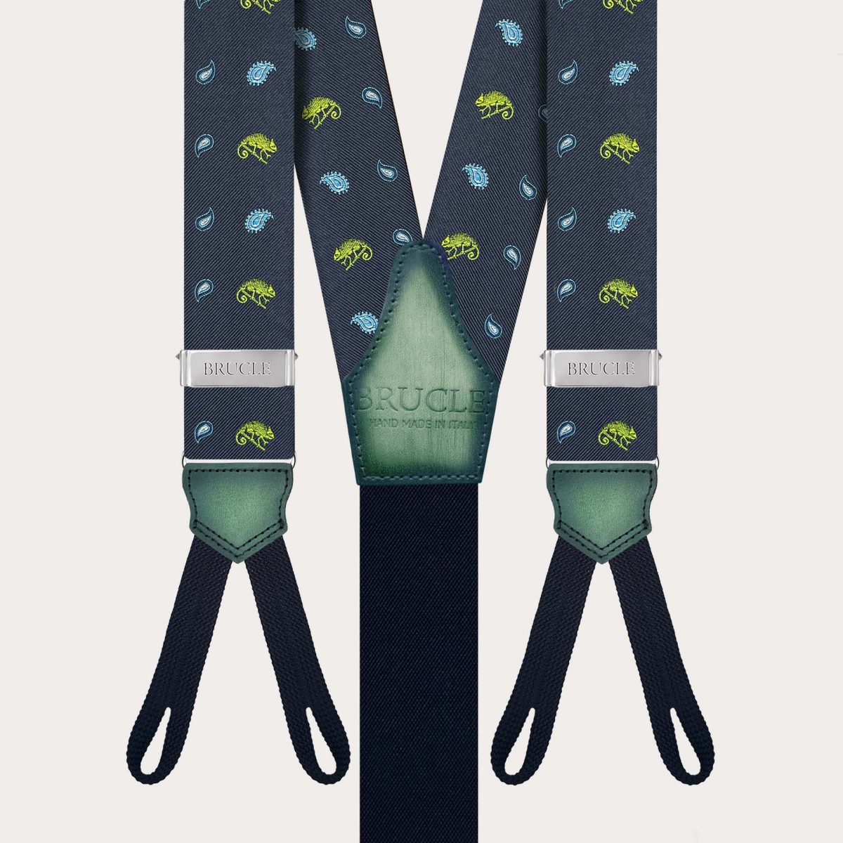 Blue silk button suspenders with green chameleon pattern