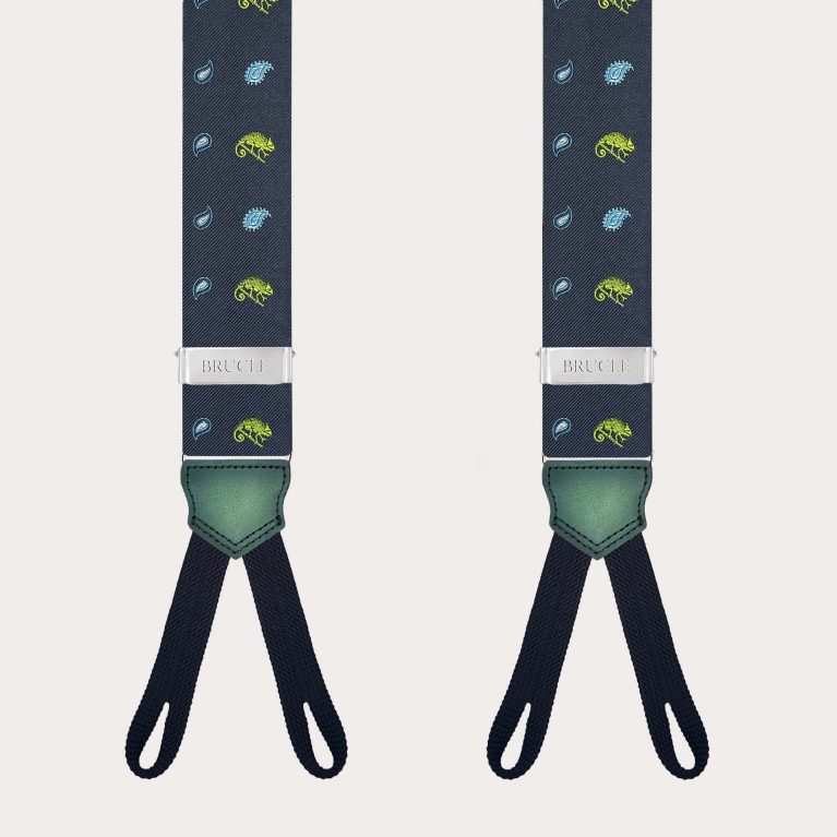 Blue silk button suspenders with green chameleon pattern
