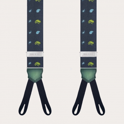 Blue silk button suspenders with green chameleon pattern