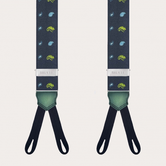 Tirantes de seda azul para botones con fantasía de camaleones verdes