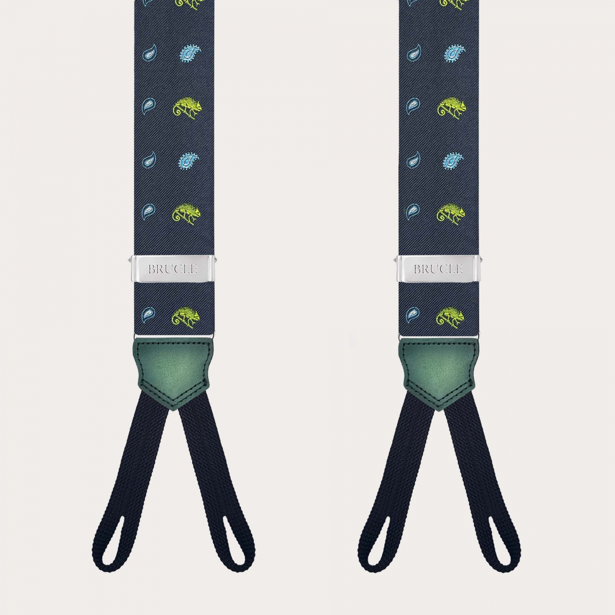 Blue silk button suspenders with green chameleon pattern