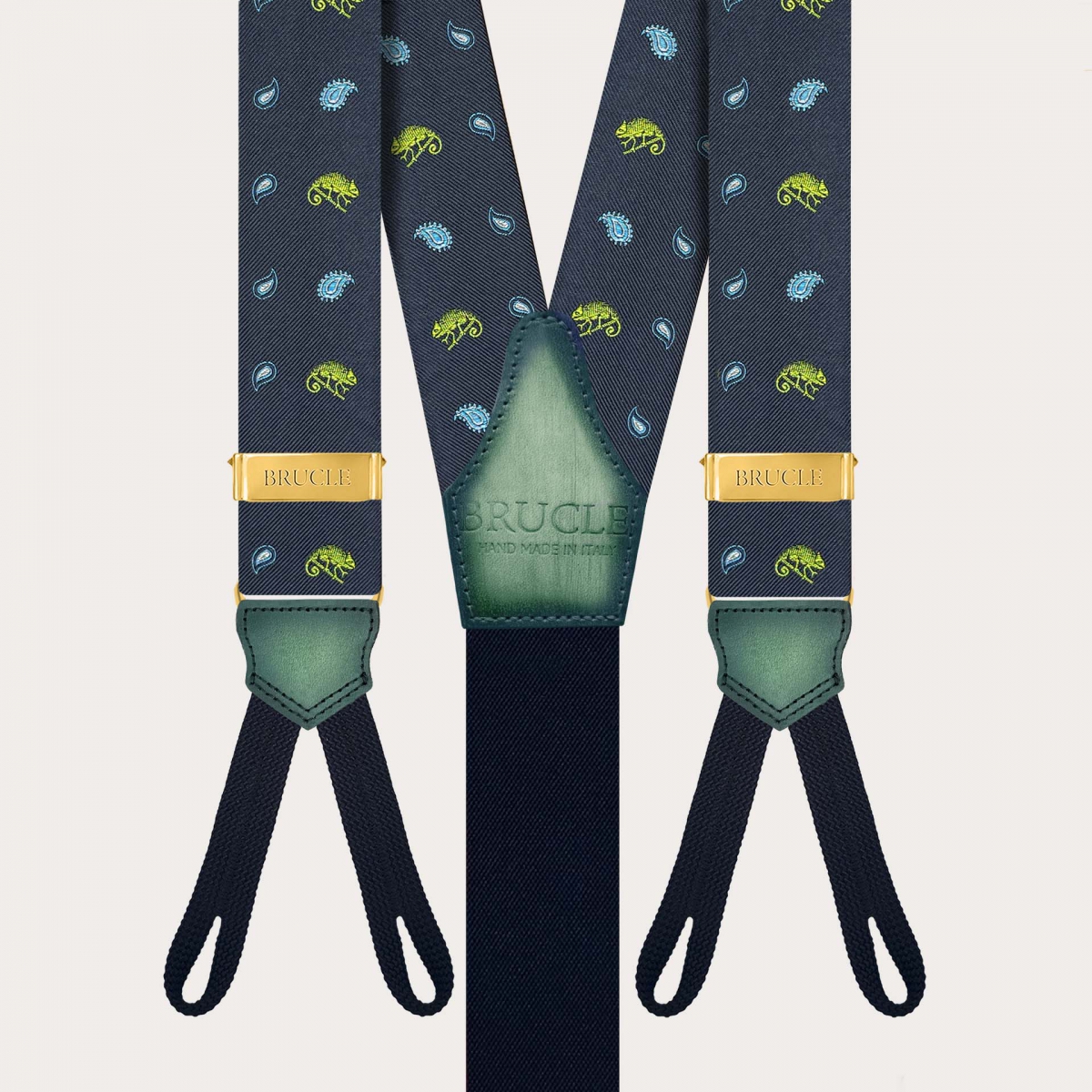 Men’s silk suspenders with chameleon pattern for buttons