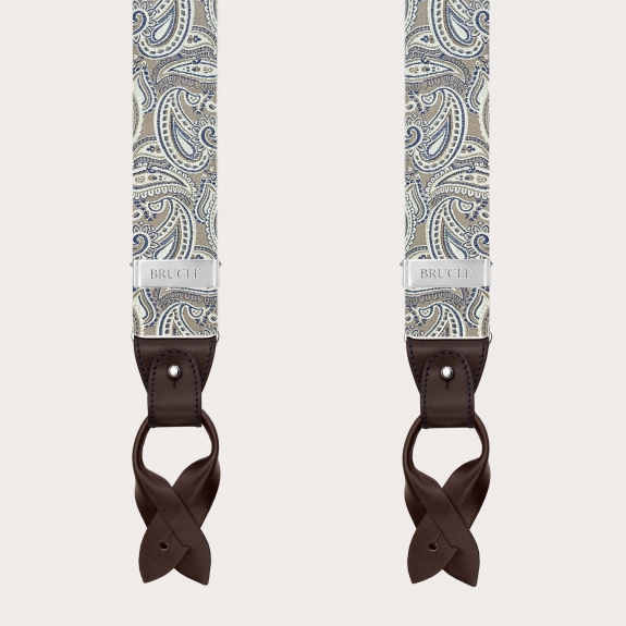 Bretelles élégantes en soie paisley coloris taupe
