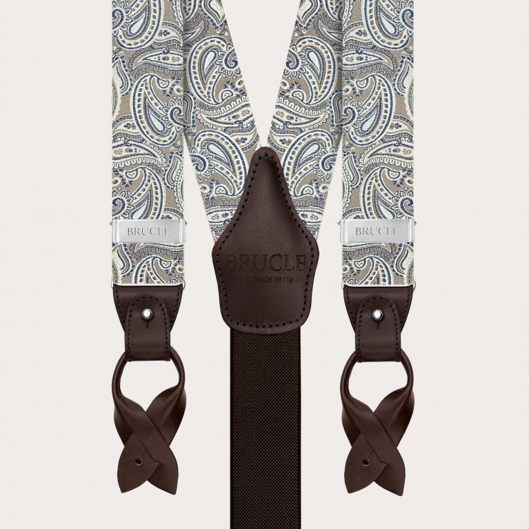 Bretelles élégantes en soie paisley coloris taupe