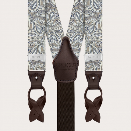 Eleganti bretelle in seta paisley color tortora