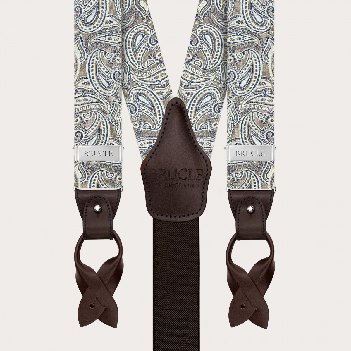 Eleganti bretelle in seta paisley color tortora