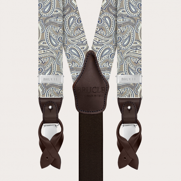 Bretelles élégantes en soie paisley coloris taupe