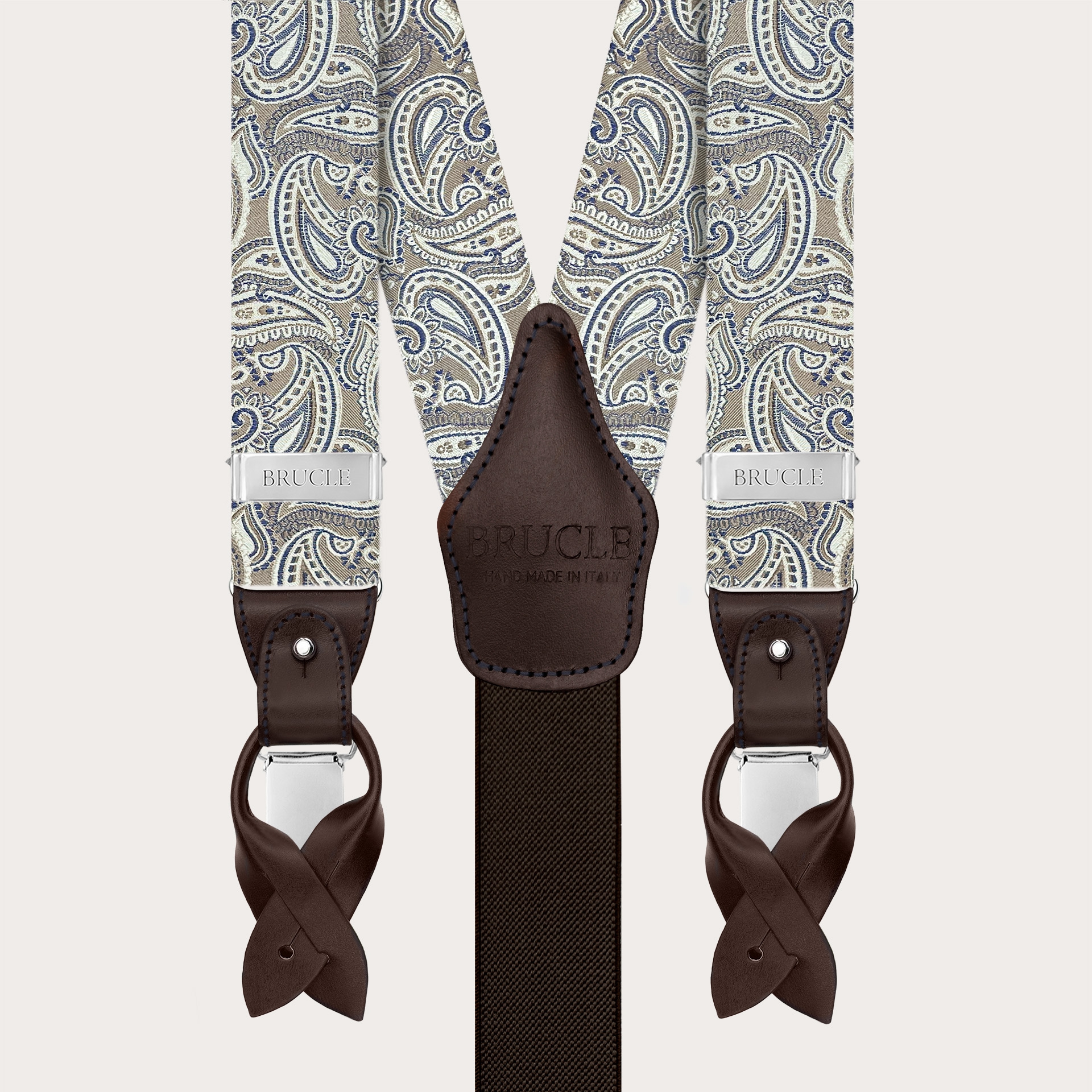 Elegante Hosenträger aus Paisley-Seide in Taupe