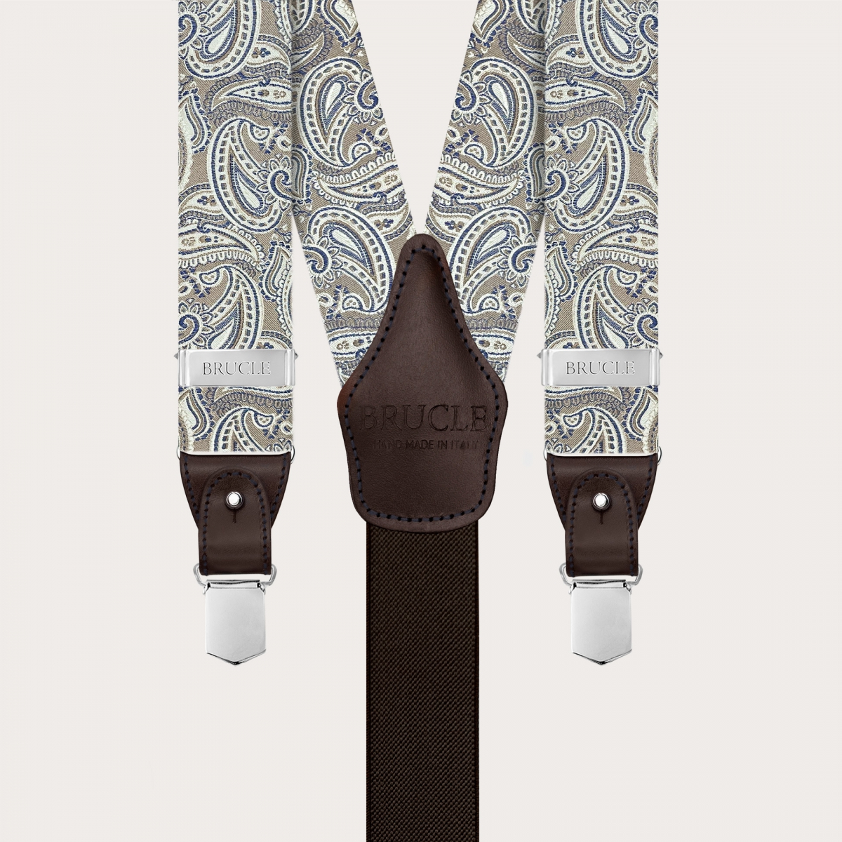 Bretelles élégantes en soie paisley coloris taupe