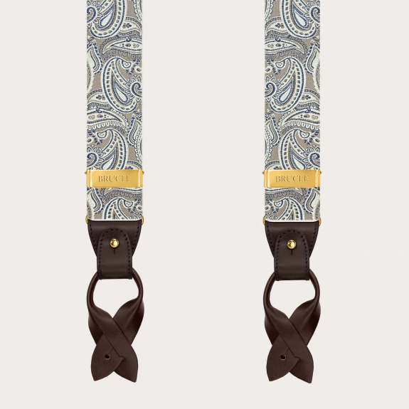 Bretelle uomo paisley tortora in seta con clip oro