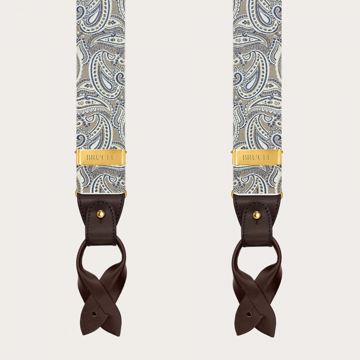 Men’s taupe paisley silk suspenders with gold clips