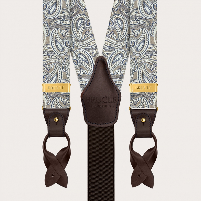 Herren-Hosenträger aus Seide mit Paisley-Muster in Taupe und goldfarbenen Clips
