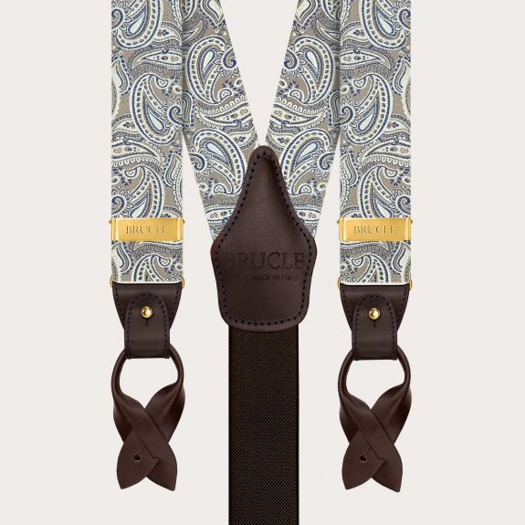 Tirantes de hombre en seda paisley color topo con clips dorados