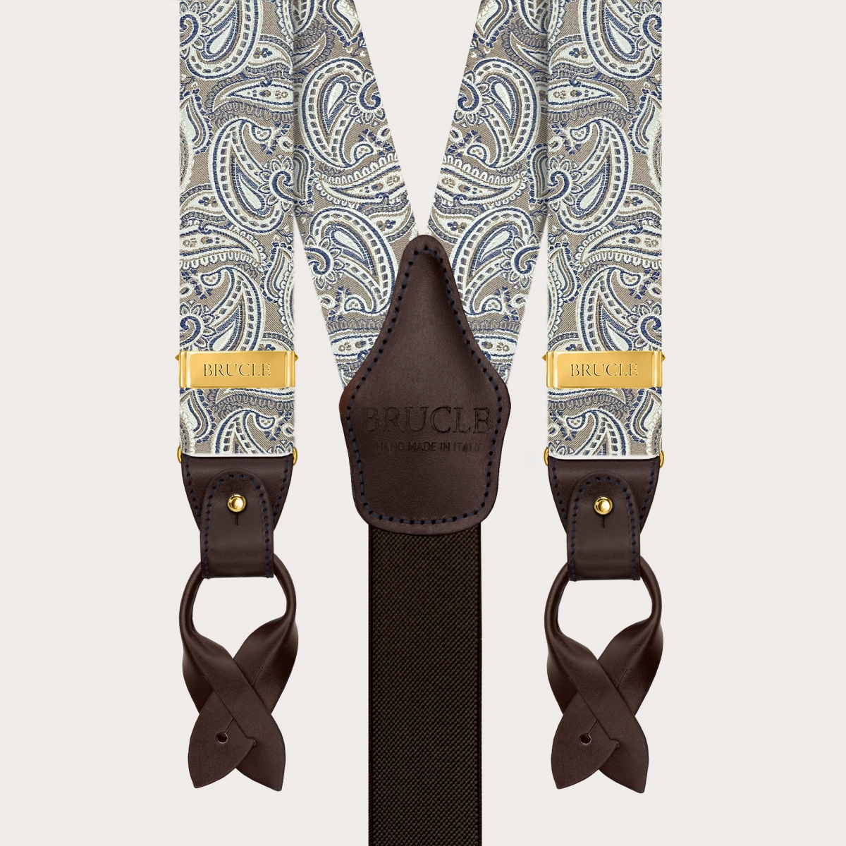 Bretelles homme en soie paisley taupe avec clips dorés