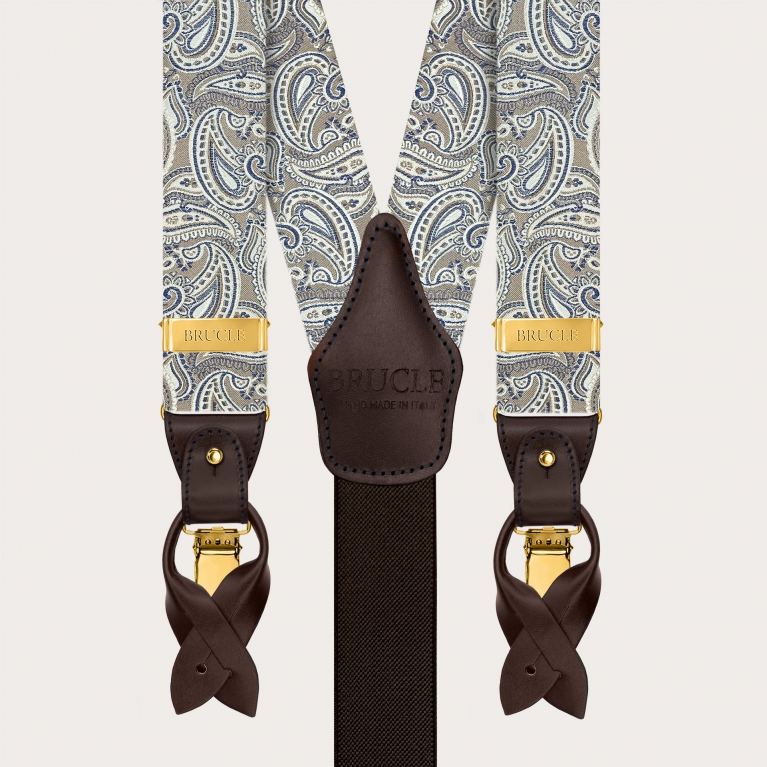 Men’s taupe paisley silk suspenders with gold clips