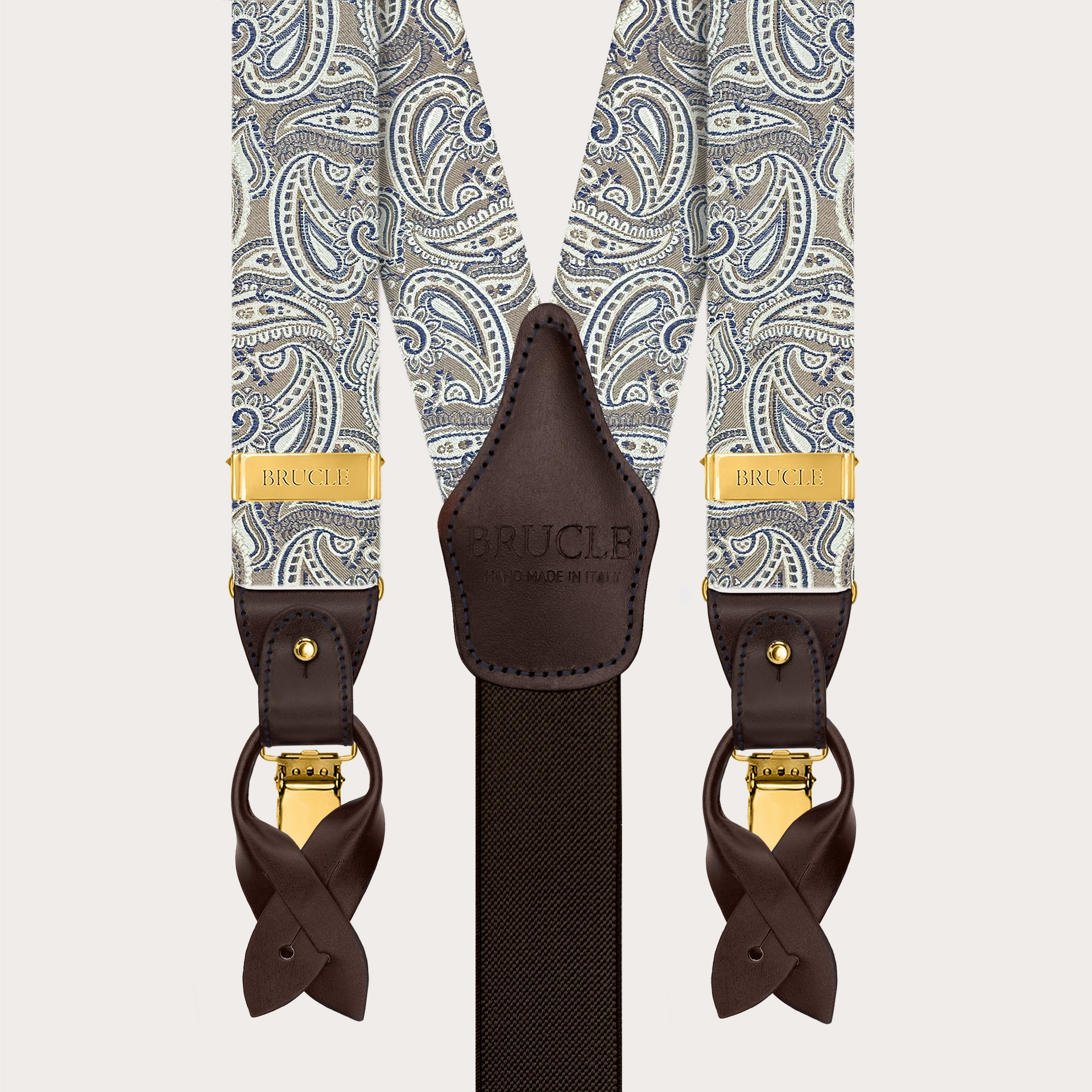 Herren-Hosenträger aus Seide mit Paisley-Muster in Taupe und goldfarbenen Clips