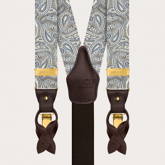 Herren-Hosenträger aus Seide mit Paisley-Muster in Taupe und goldfarbenen Clips