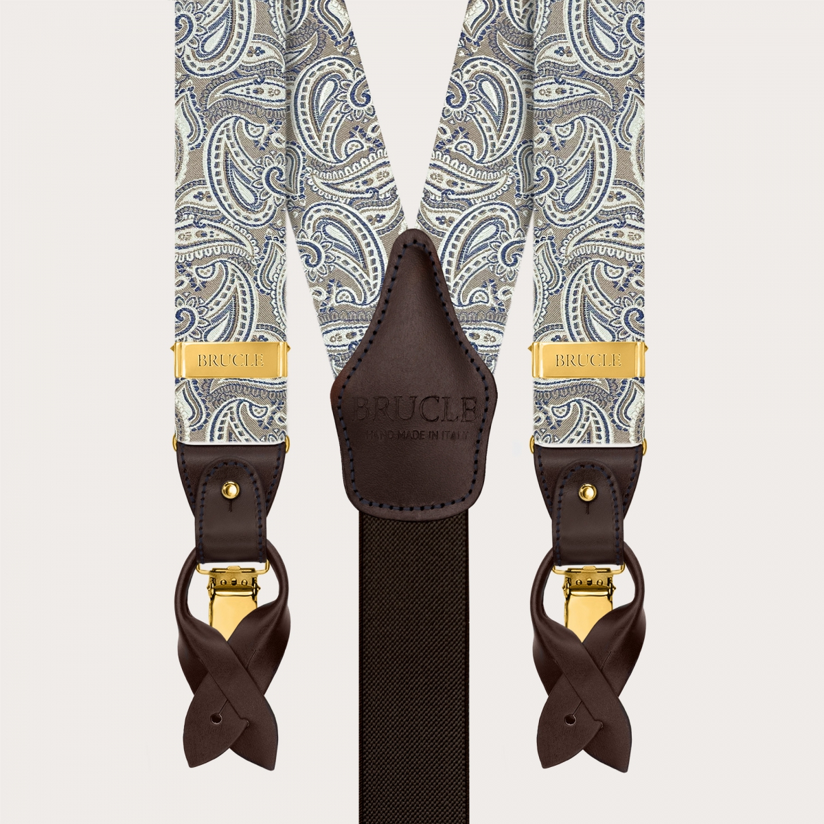 Bretelle uomo paisley tortora in seta con clip oro